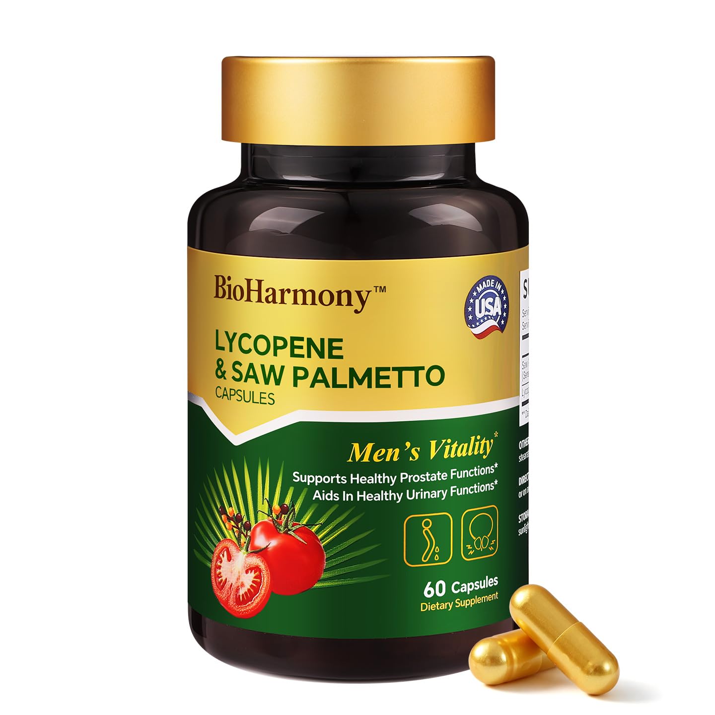 BioHarmony Saw Palmetto for Men Prostate Health Supplement with 500mg Saw Palmetto Extract & 20mg Lycopene, 60 Capsules
