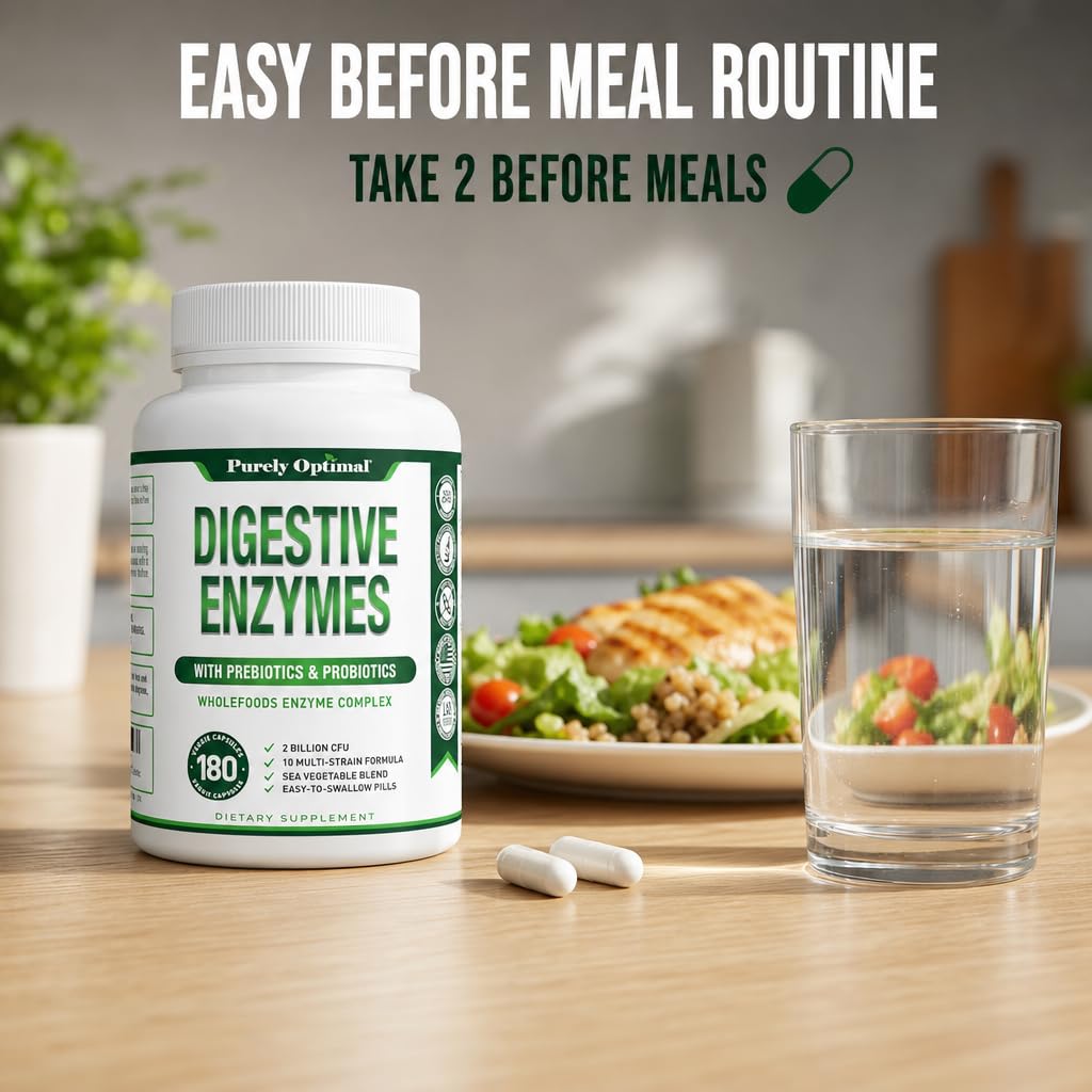 Purely Optimal Digestive Enzymes for Women and Men – Multi-Enzyme Supplement for Bloating Relief, Digestion and Heavy Meal Support – with Probiotics and Prebiotics for Gut Health, 180 Capsules