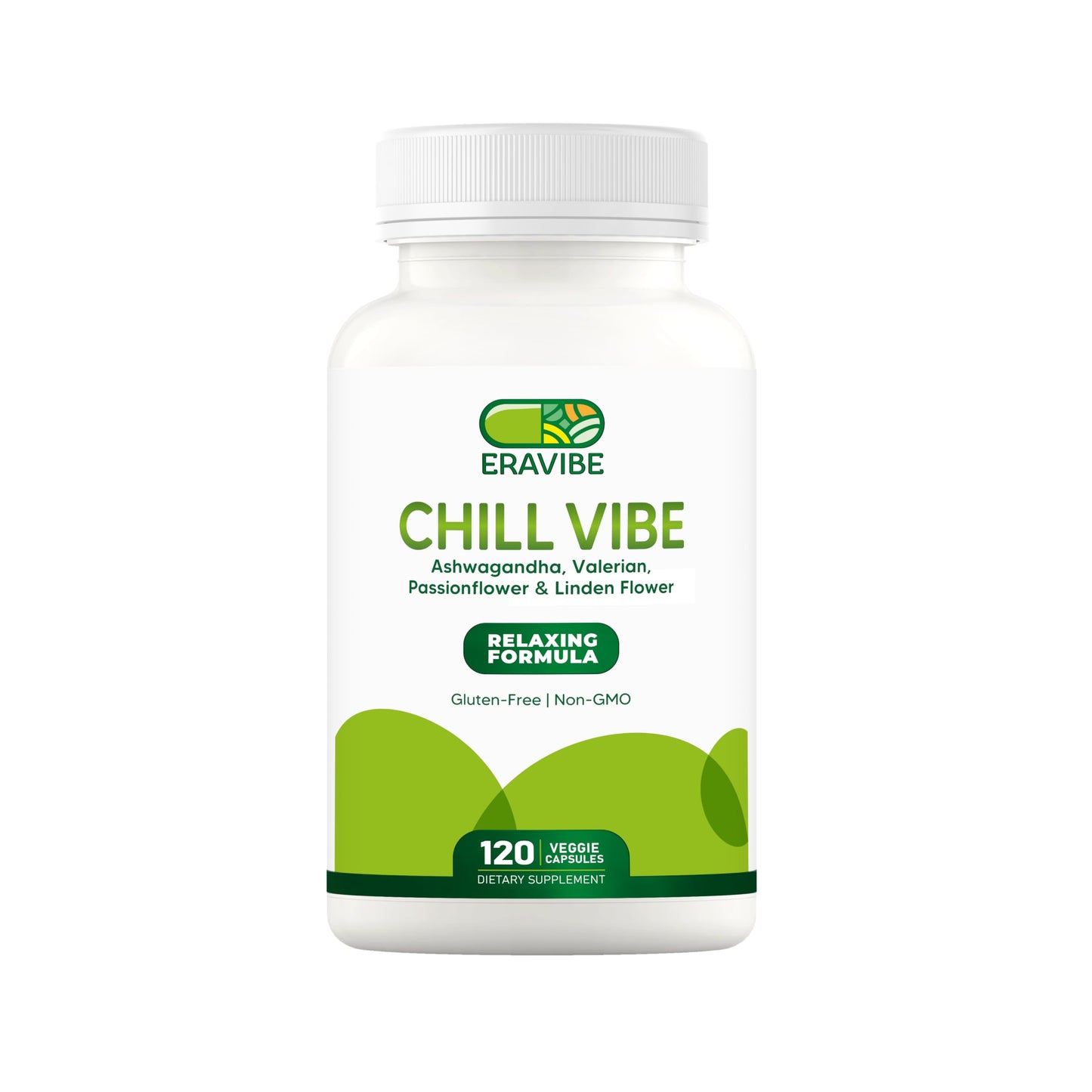 ERAVIBE Chill Vibe Herbal Blend with Ashwagandha, Valerian, Passionflower, Linden Flower & Vitamin B6 Veggie Capsules 120