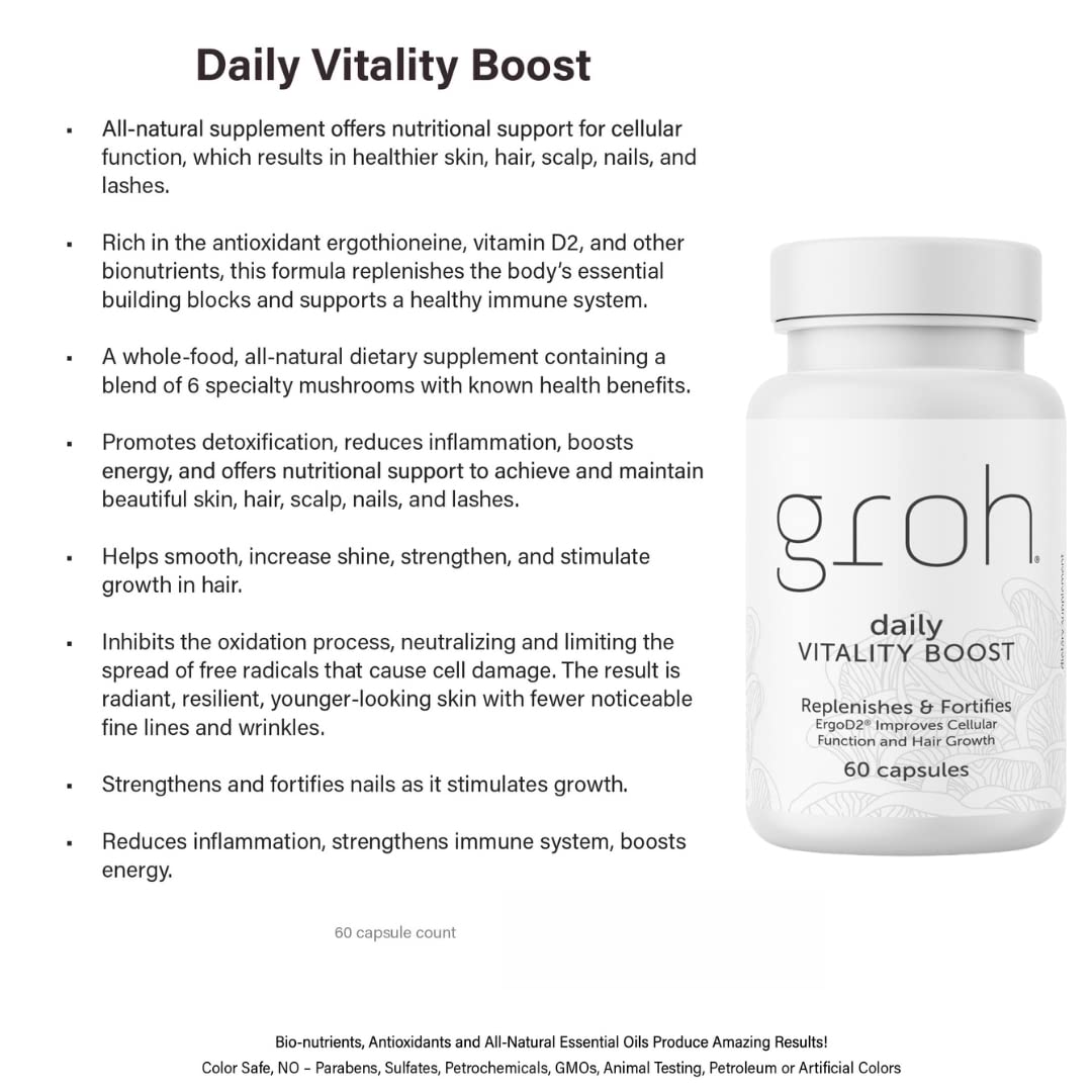 GROH Daily Vitality Boost - All Natural Hair Growth Supplement powered by ErgoD2 60 Capsules