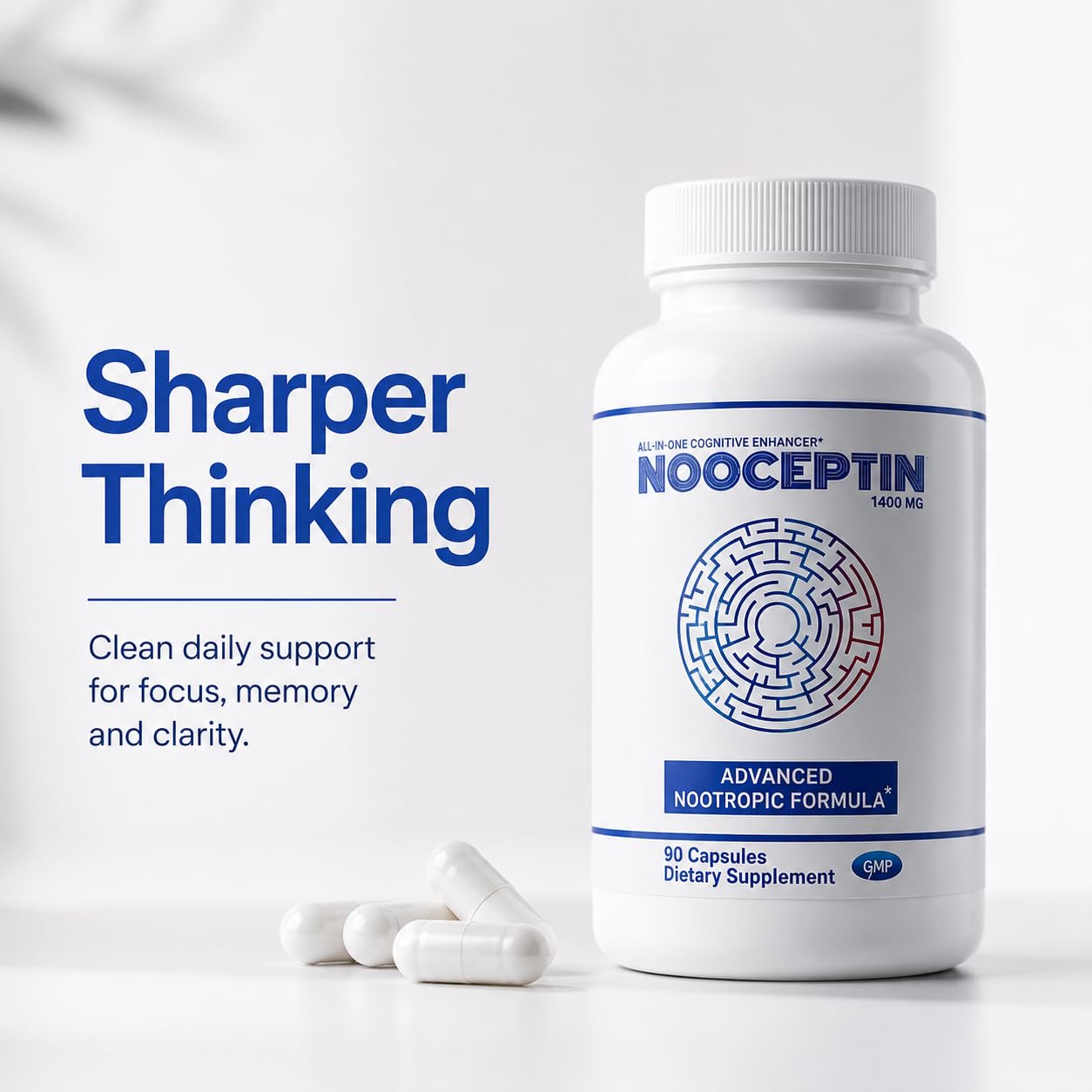 NOOCEPTIN Nootropic Brain Supplement, Stimulant-Free Cognitive Enhancer with Citicoline, Lion's Mane & Bacopa for Focus, Memory & Mental Clarity, Caffeine-Free Brain Support, 90 Capsules