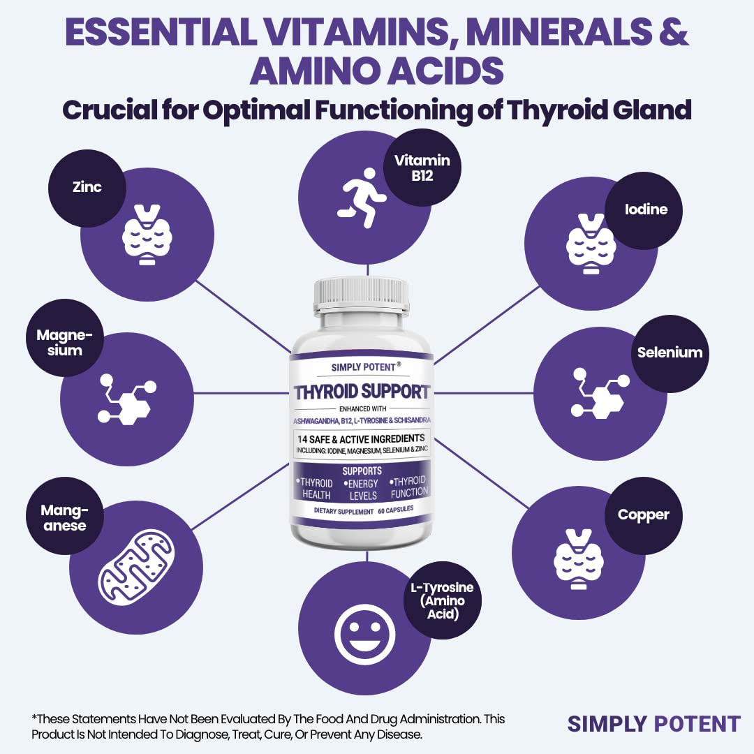 Simply Potent Thyroid Support & Adrenal Support Supplement 2-in-1 Natural Formula with Iodine & Ashwagandha, 60 Capsules