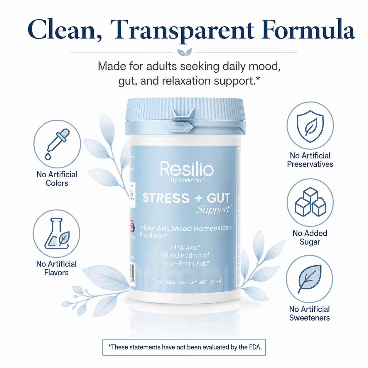 CHRIMBUR Resilio Stress+Gut Support Mood & Stress Probiotic for Women & Men Brain-Gut Axis Formula 30 Capsules