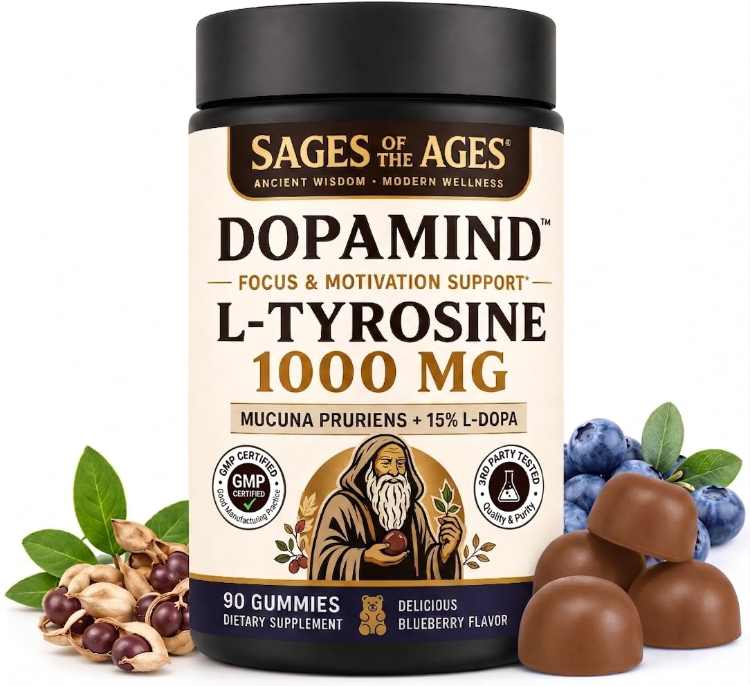 Sages Of The Ages L-Tyrosine Gummies 1000mg – Amino Acid Supplement with Mucuna Pruriens, B Vitamins & Rhodiola – Blueberry Flavor – 90 Gummies