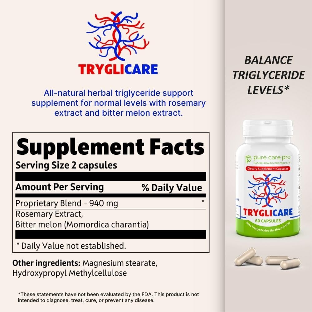 Pure Care Pro Tryglicare All-Natural Triglyceride Lowering Supplements for Maintaining Healthy Triglycerides Levels as a Daily Supplement, Vegan & Gluten Free 60 Capsules