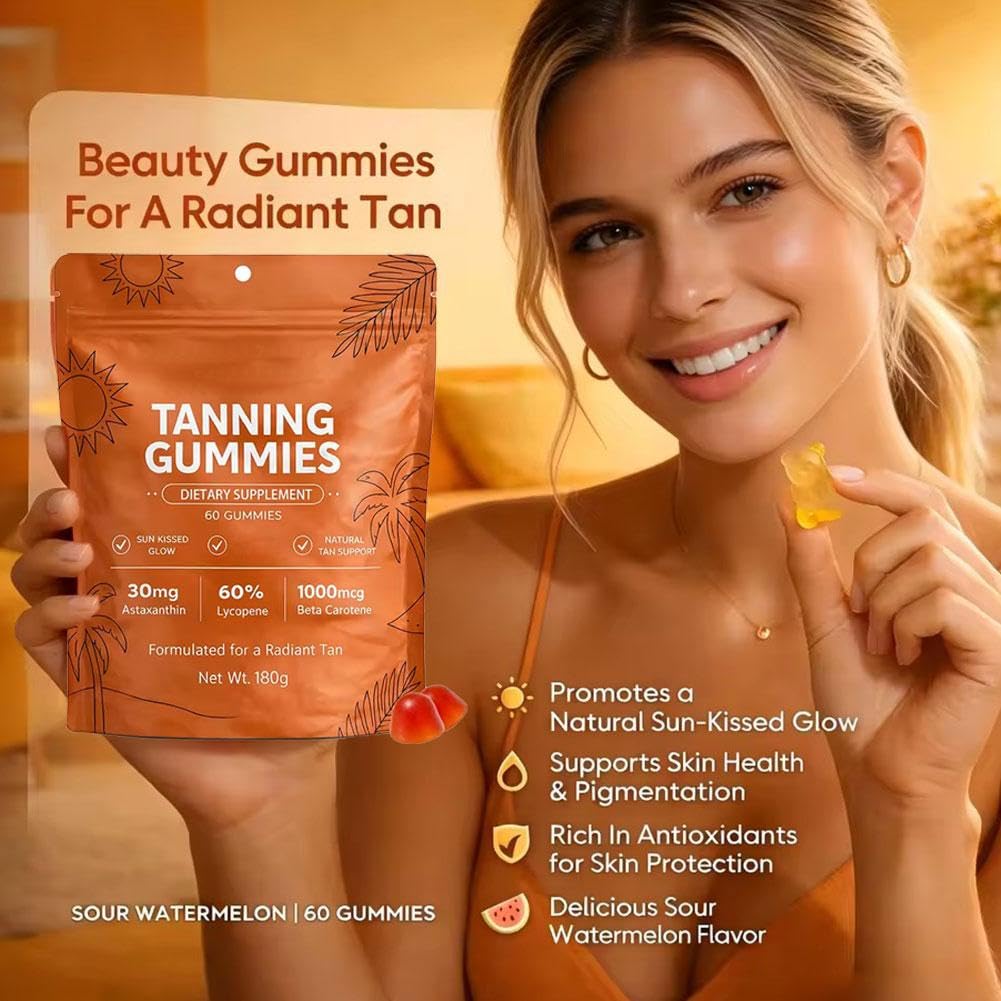 Prndkhn Skin Tanning Gummies with Vitamin C & E, Astaxanthin, Beta Carotene, Skin Radiance & Hydration for Natural Looking Glow, Vegan & Sugar Free, Bronzing, 60 Count
