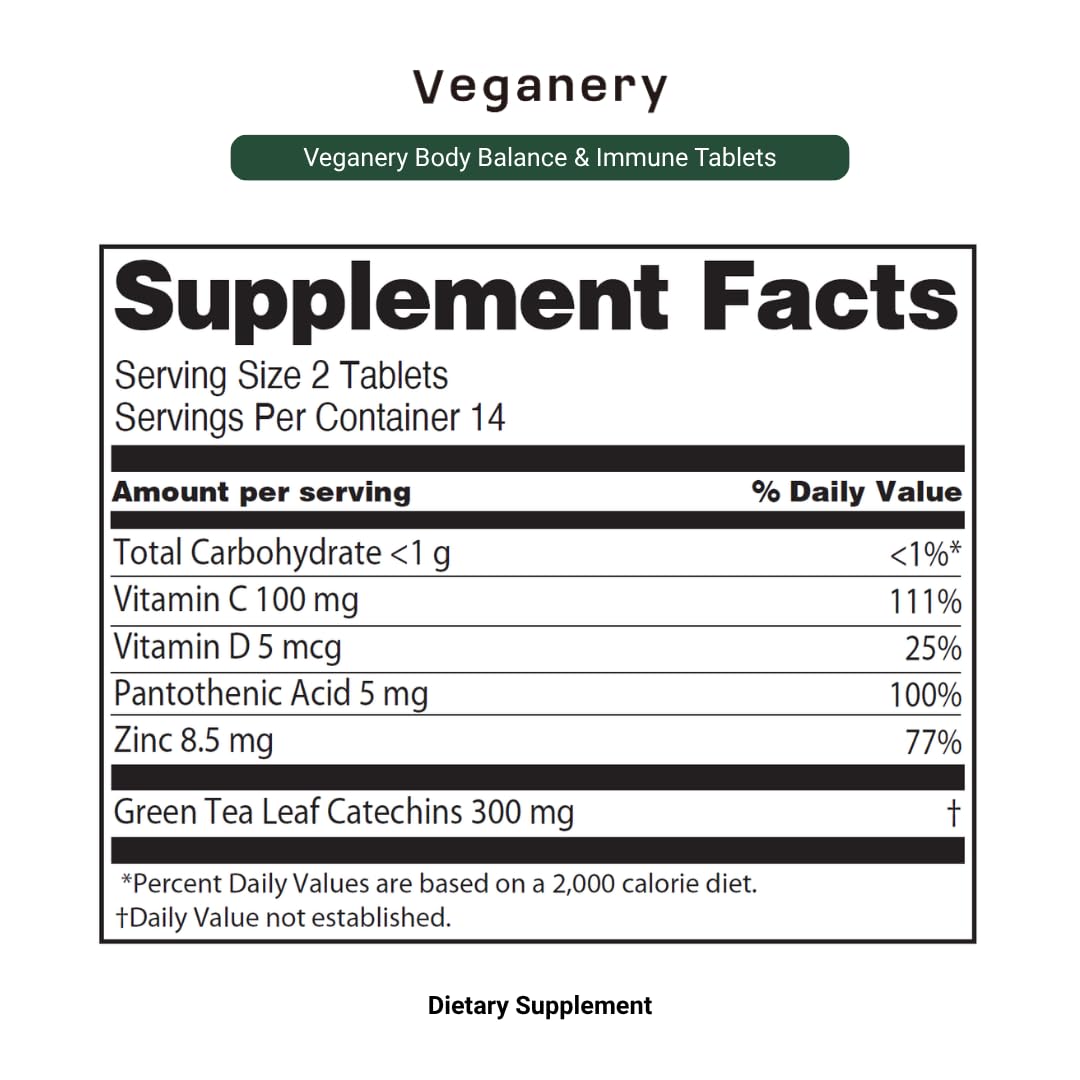 Veganery Immune Support & Body Balance Supplement – Vegan Formula with Green Tea Extract, Daily Wellness for Metabolism & Energy, Convenient Mini Tablets, 1 Tablet