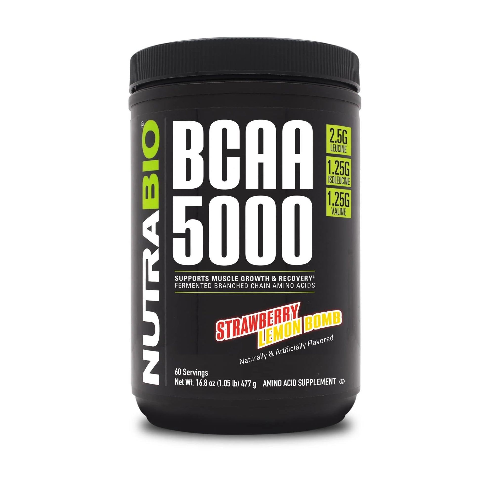 NutraBio BCAA 5000 Powder - Vegan Fermented BCAAs - 60 Servings - Strawberry Lemon Bomb