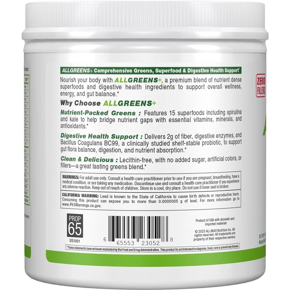 ALLMAX ALLGREENS+ Super Greens Powder, Lemon Lime, 8.68 Ounce