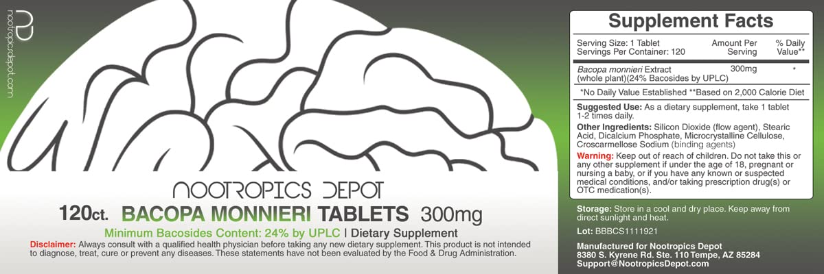 Nootropics Depot Bacopa monnieri Extract Tablets 120 Count