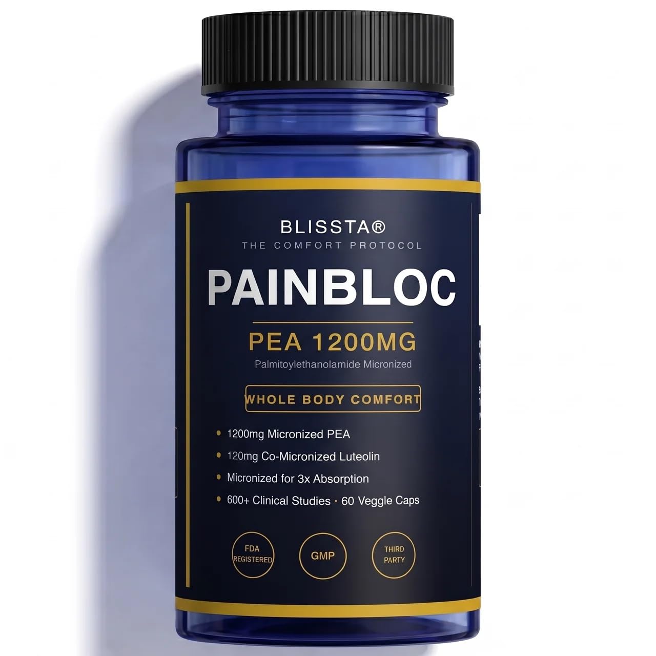 Blissta PainBloc Pea 1200mg with Luteolin, Micronized Palmitoylethanolamide Supplement, Nerve & Whole Body Comfort, Healthy Inflammatory Response, Non-Drowsy, Third-Party Tested, 60 Capsules