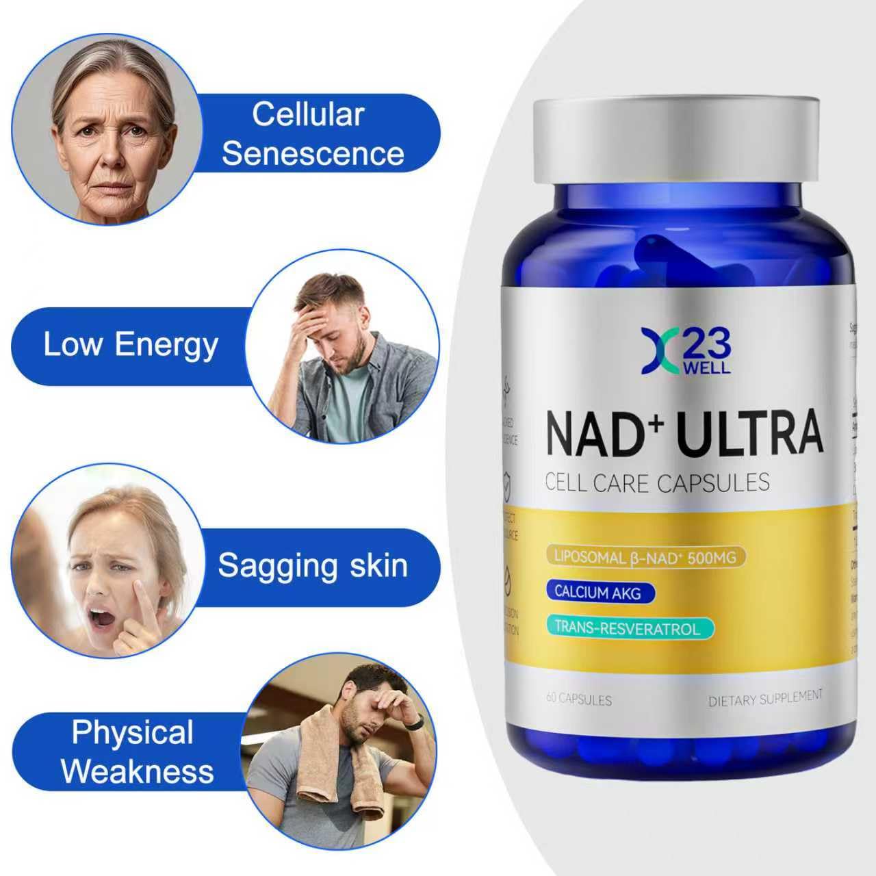 23WELL NAD+ Ultra Cell Care Capsules with Liposomal NAD+ Calcium Alpha Ketoglutarate & Trans-Resveratrol, 60 Capsules