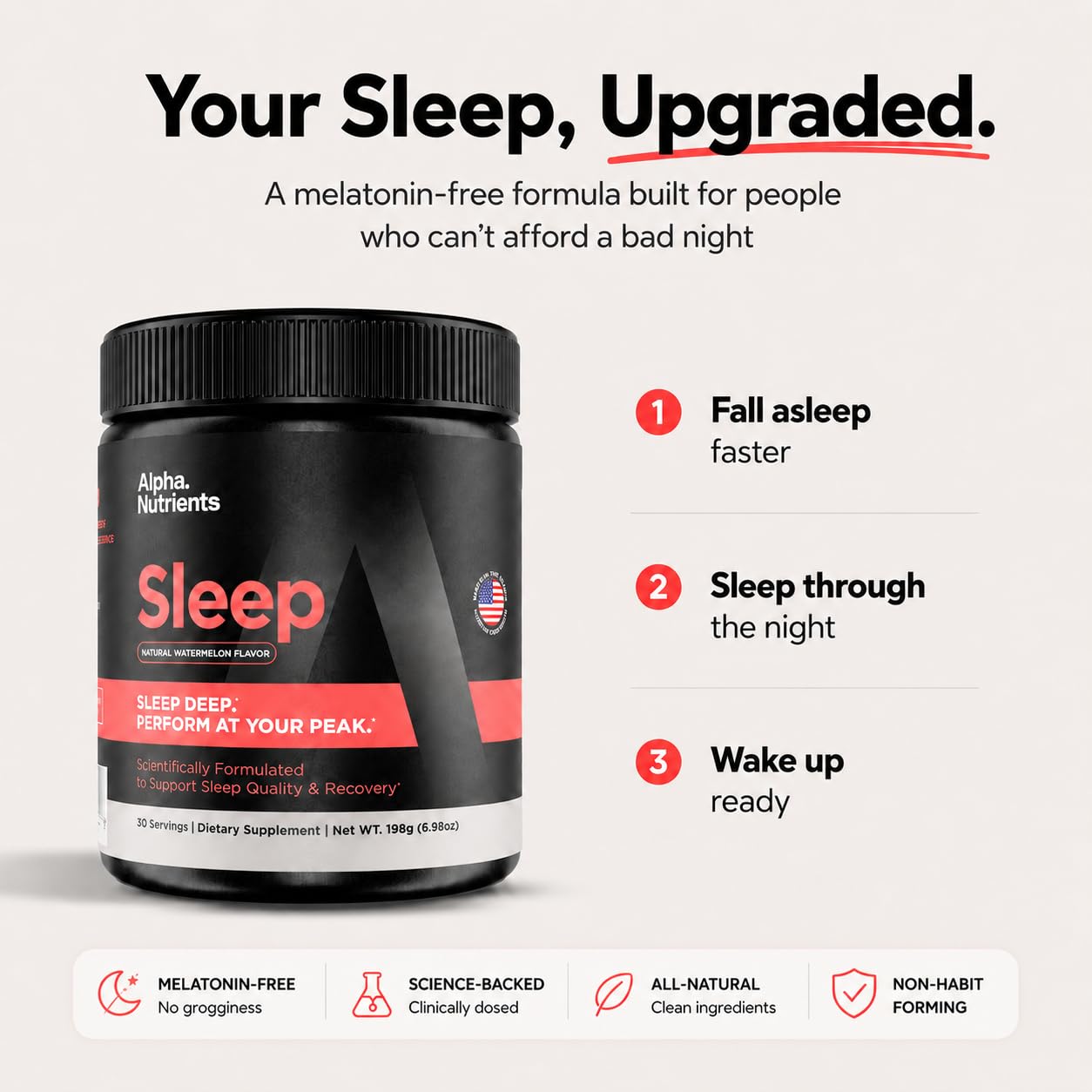 Alpha Nutrients Sleep Powder Magnesium Glycinate Glycine Powder for Sleep, L-Theanine and Inositol, Melatonin-Free Supplement for Adults, Natural Watermelon, 7 Ounce