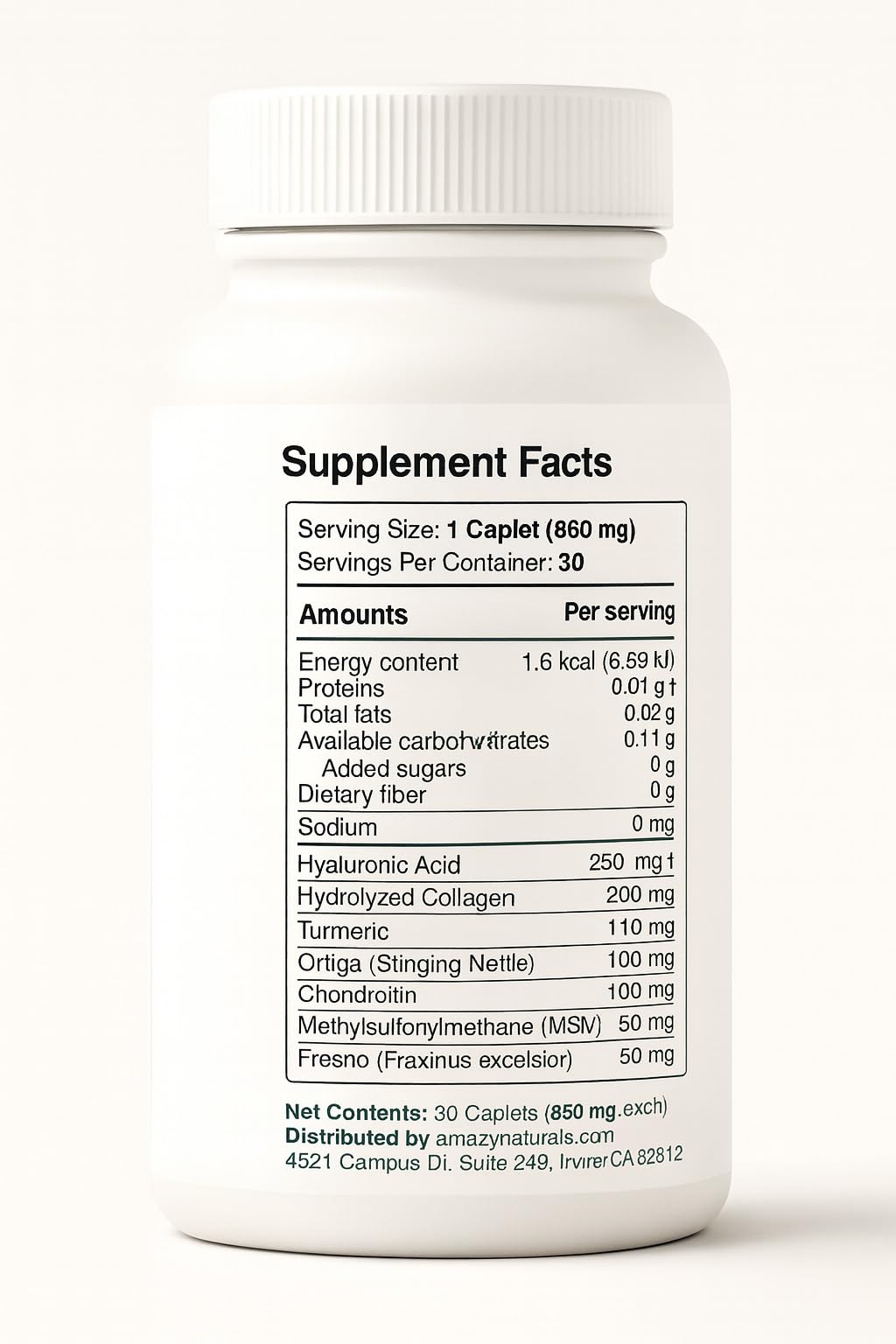 Amazy Naturals Hyaluronic Acid & Collagen Joint Support Supplement - with Turmeric, Glucosamine, Chondroitin & MSM - Flexibility & Cartilage Support - 850mg, 30 Capsules