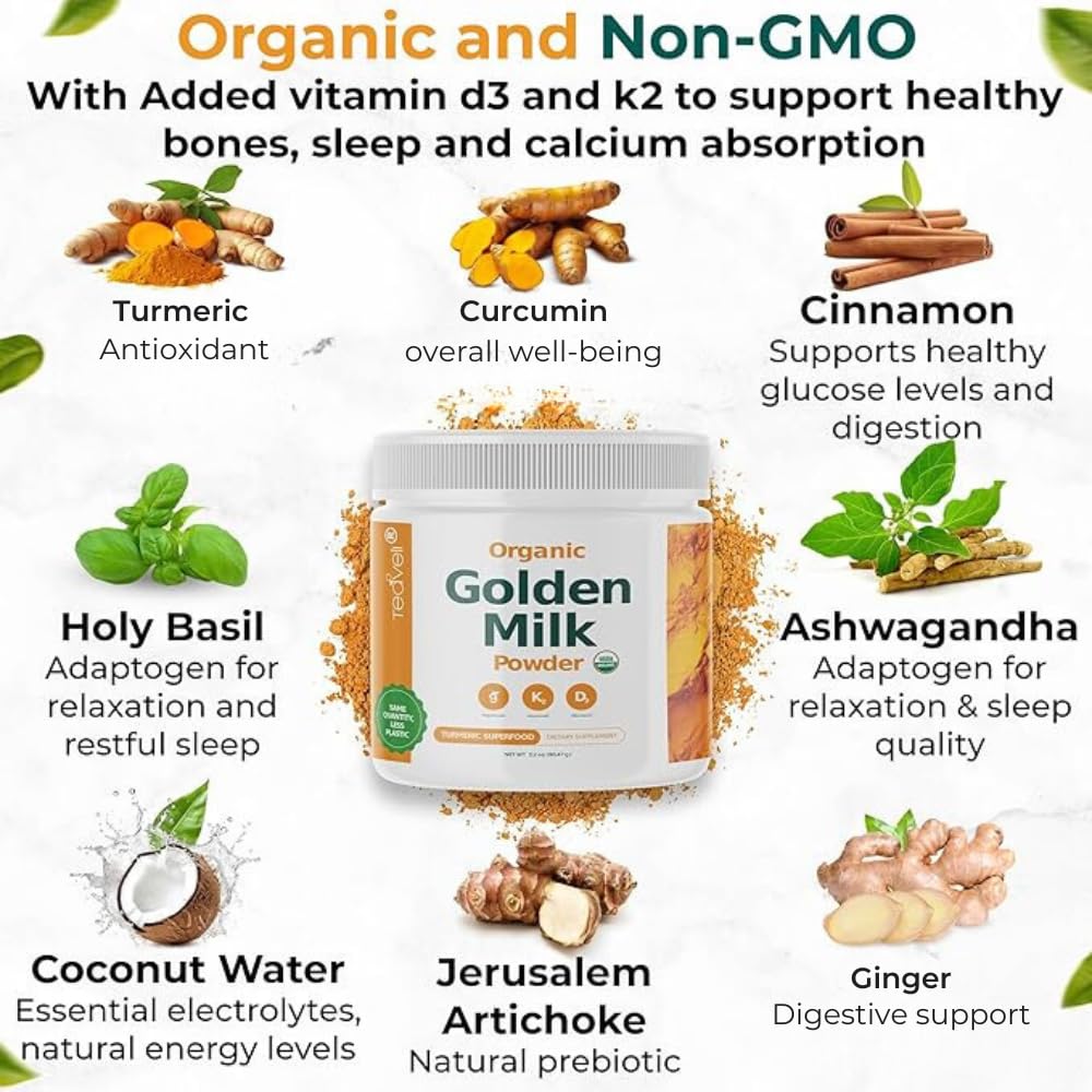 Teaveli Organic Golden Milk Powder with Vitamin D3 & K2, Turmeric, Ginger, Curcumin, Cinnamon, KSM66 Ashwagandha, Holy Basil & Natural Prebiotics Powder, 9.51 oz (Pack of 3)