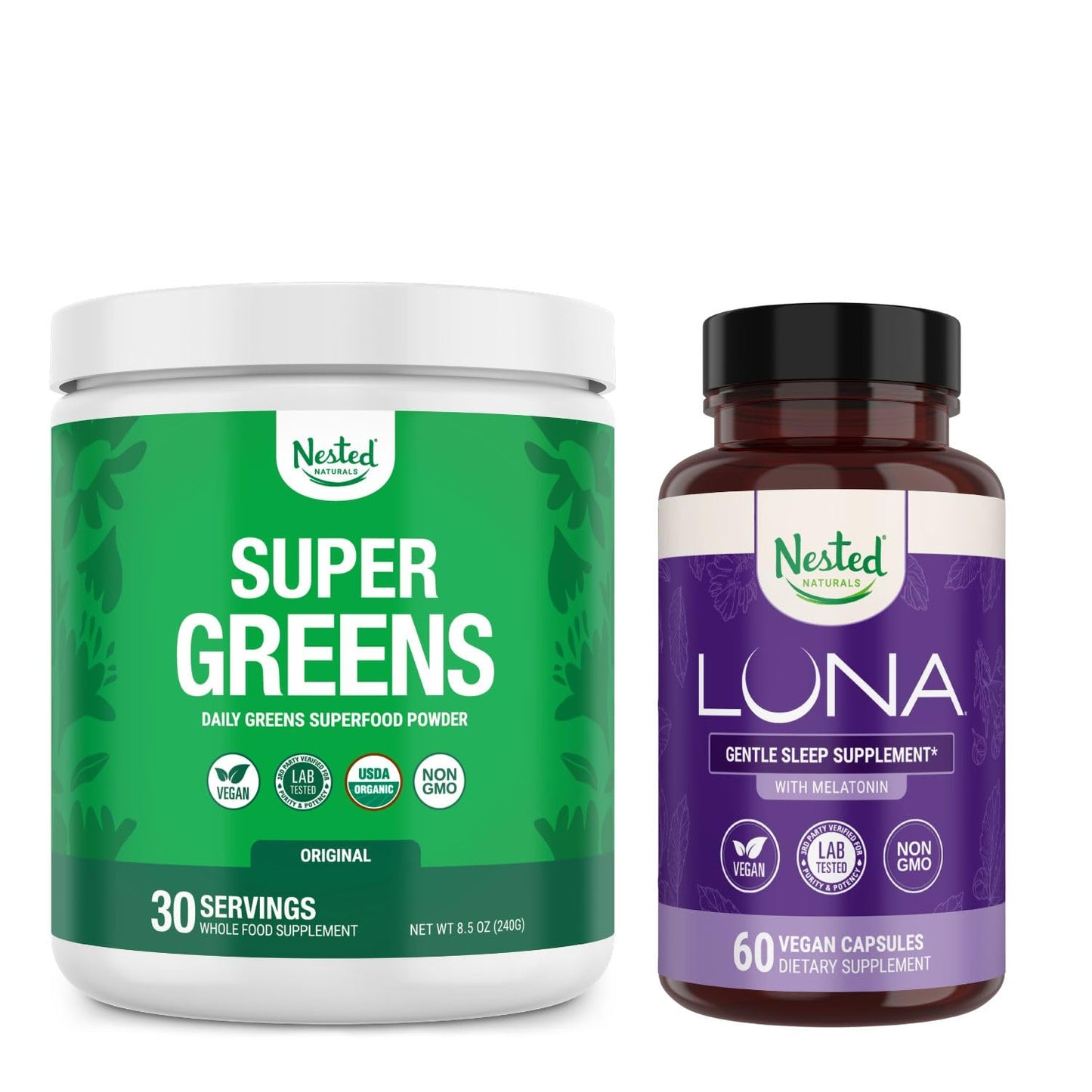 Nested Naturals Super Greens Daily Superfood Powder & Luna with Melatonin Capsules Bundle, Powder & Capsules, 1 Bundle
