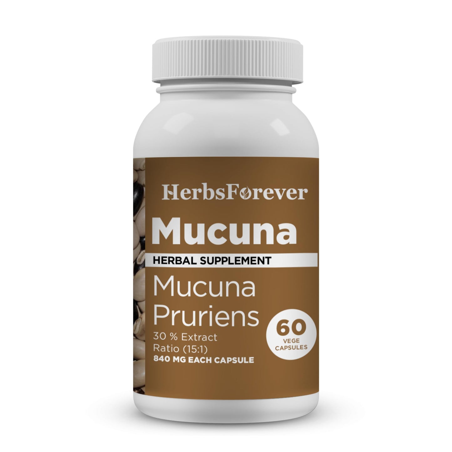 Herbsforever Mucuna Pruriens Extra Strength 15:1 Extract, Equiv. to 4990mg Seed Powder per Serving, Brain & Nervous Health, Body Mass Muscles (Natural 30% L-Dapa), 60 Veg Capsules