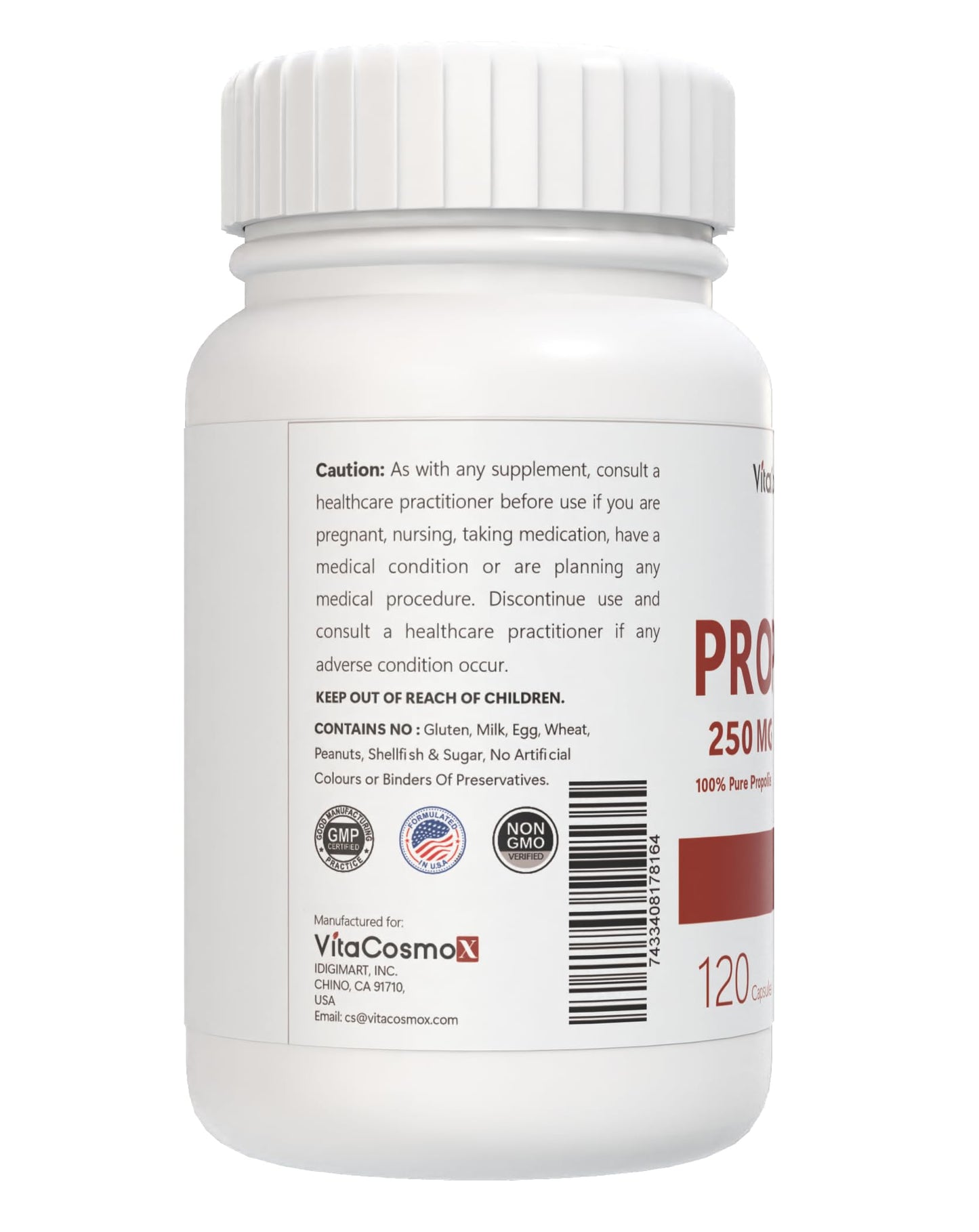 VitaCosmoX Bee Propolis Capsules 250mg, 120 Count