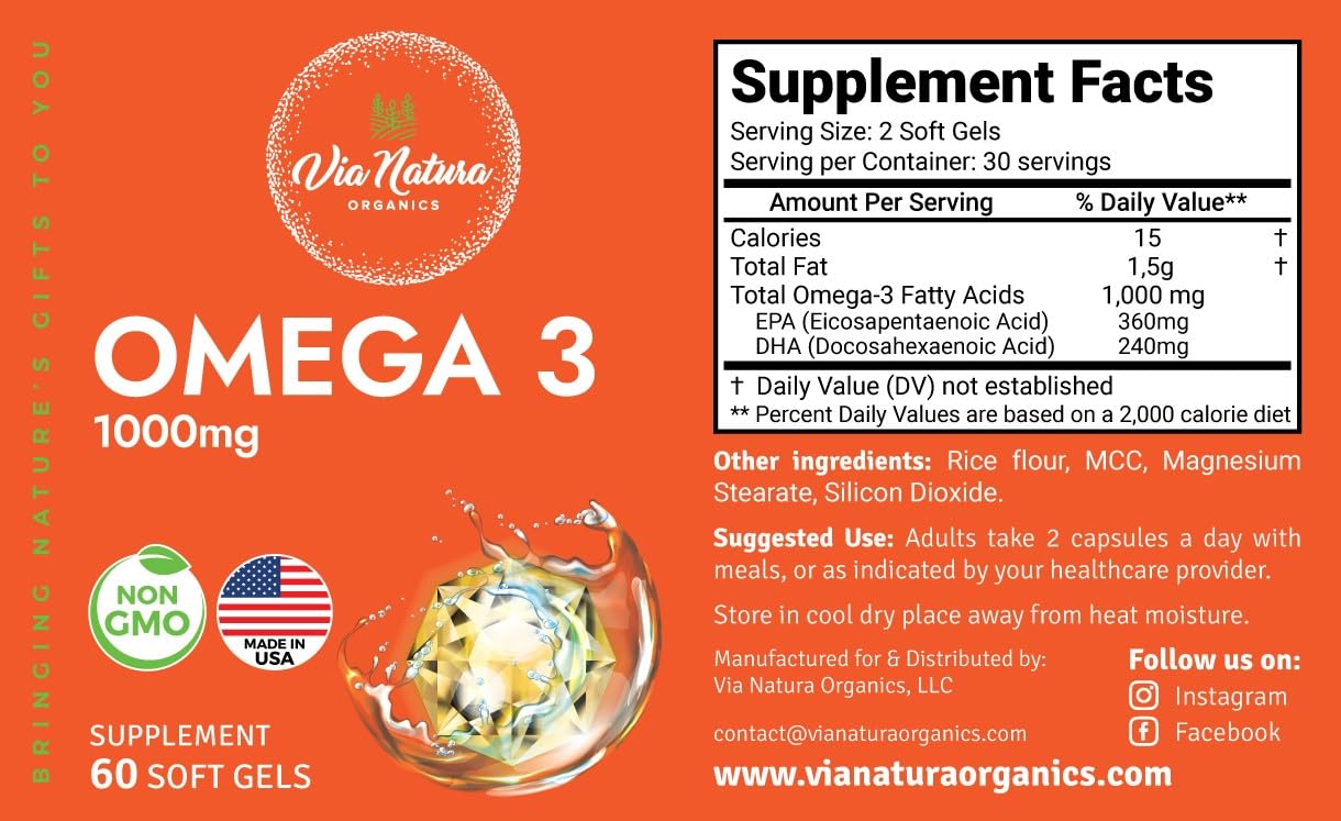 Via Natura Organics Omega 3 Fish Oil Softgels, 60 Count
