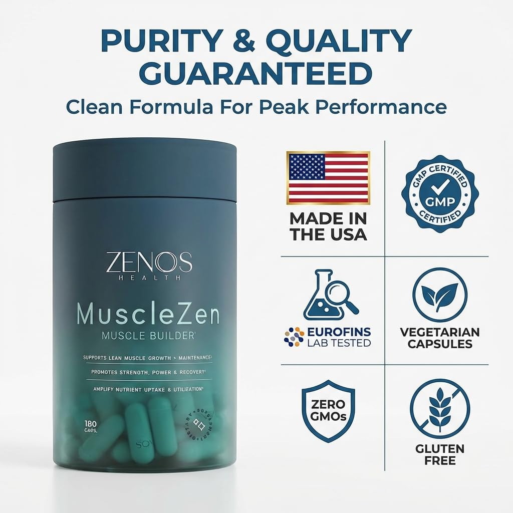 Zenos Health MuscleZen Muscle Builder for Men – ATP Supplements for Strength – Muscle Supplements for Super Recovery – Clear Muscle Support for Lean Muscle Growth Capsules, 180 Count