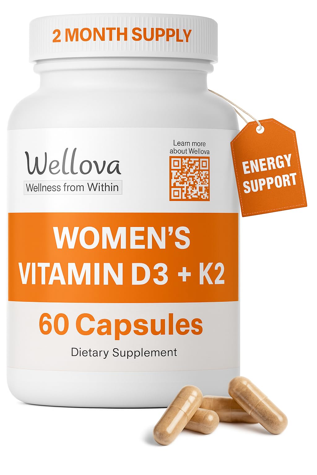 Wellova Women's D3 + K2, 60 Capsules
