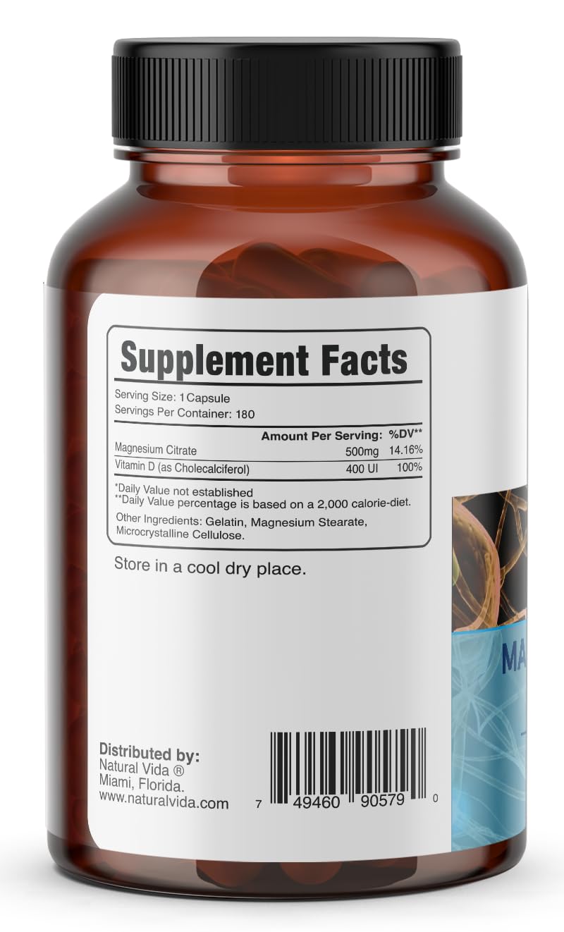 Natural Vida Magnesium Citrate 500mg + Vitamin D Capsules, 180 Capsules