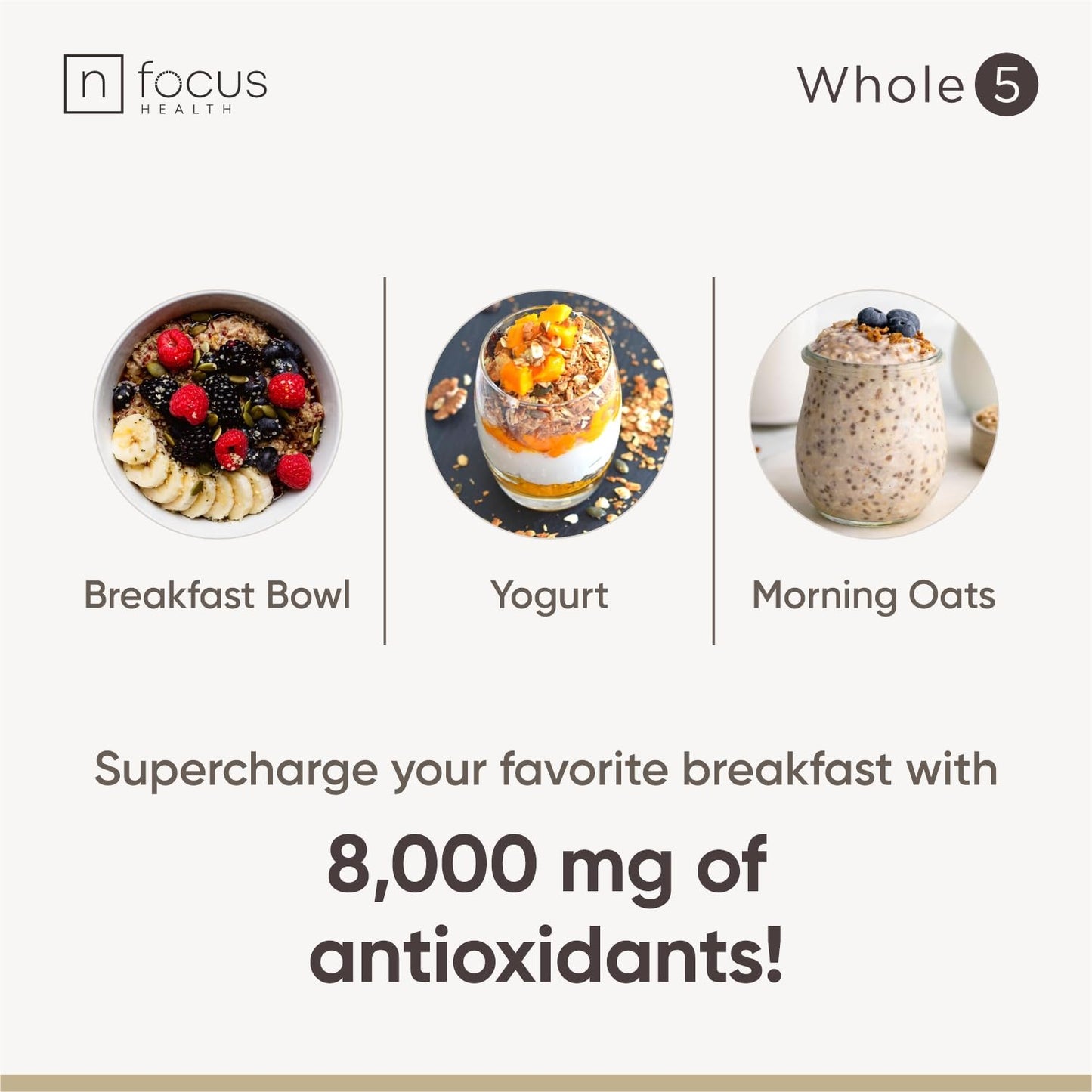 NFOCUS HEALTH Whole5 Antioxidant Superfood Powder Longevity Mix with Acai, Acerola Cherry, Coffee Fruit, Ceylon Cinnamon & Cacao - 8 oz