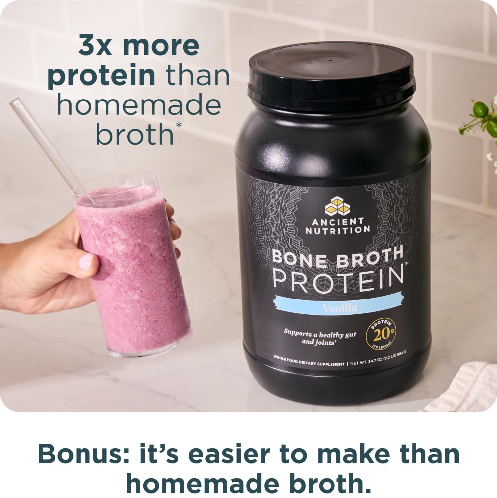 Ancient Nutrition Grass Fed Bone Broth Protein Powder Vanilla, 40 Servings