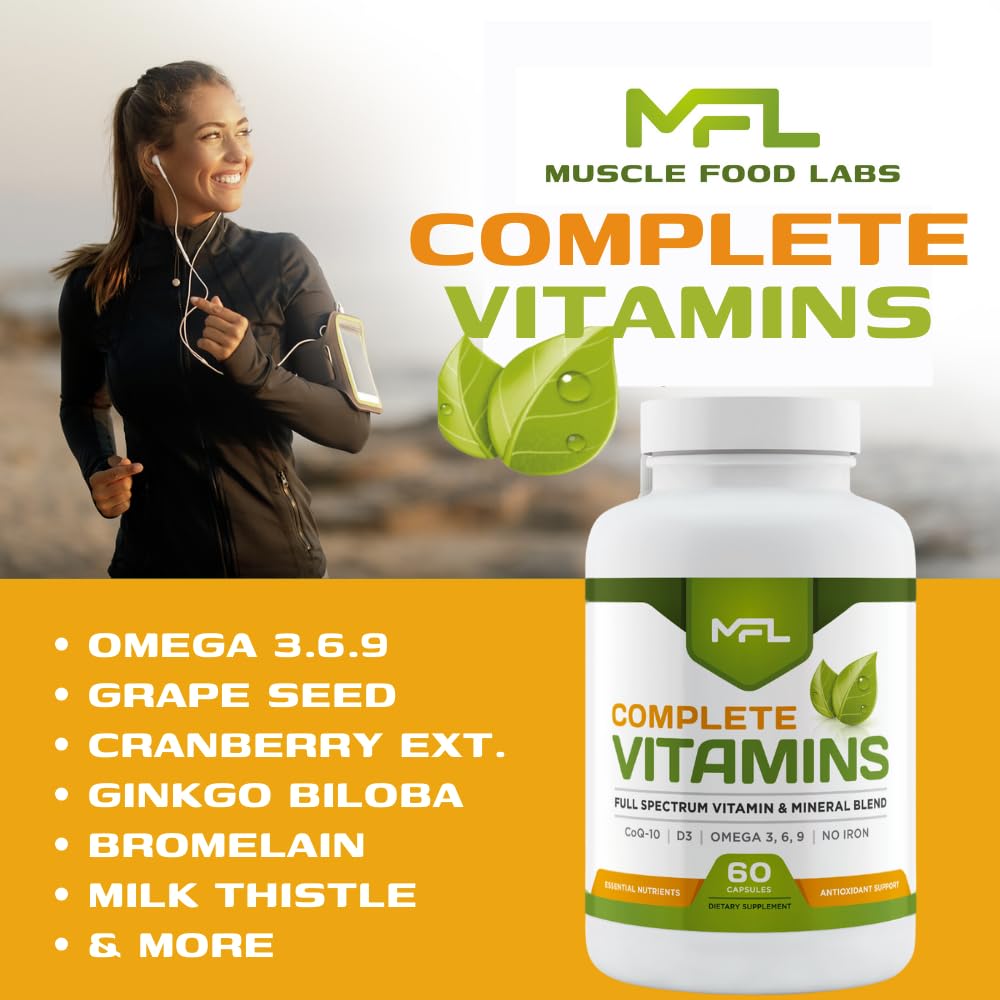 MUSCLE FOOD LABS Complete Vitamins | MULTIVITAMIN & Minerals | Omega 3.6.9 | COQ-10 | D3 | NO Iron, 60 Capsules