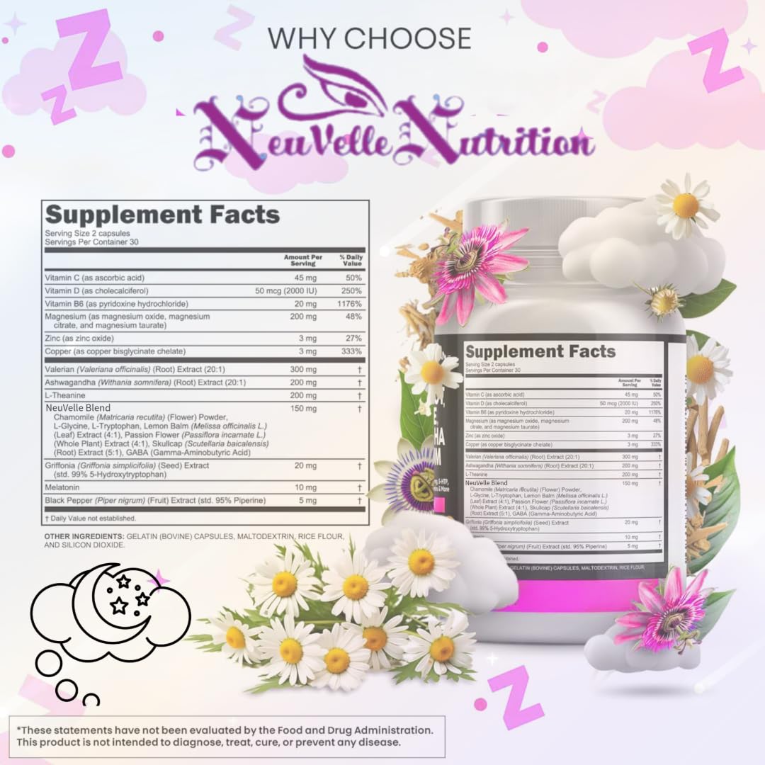 NeuVelleNutrition Melatonin Capsules with Valerian Root, Ashwagandha, L-Theanine, Magnesium, 5-HTP, GABA, Chamomile, Lemon Balm, Passion Flower, Griffonia Extract, Vitamin C & L-Glycine Supplement, 60 Count