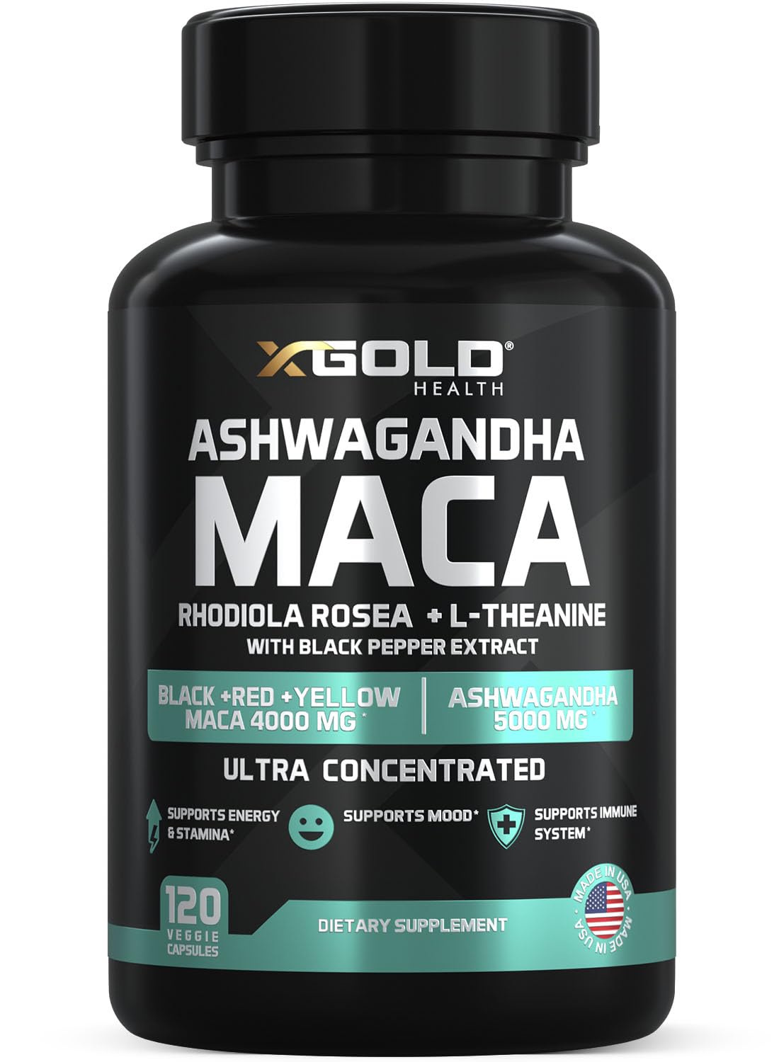 X Gold Health Ashwagandha & Maca Root Capsules with Rhodiola & L-Theanine (30:1 Ashwagandha Extract; 20:1 Maca Root Extract), 120 Capsules