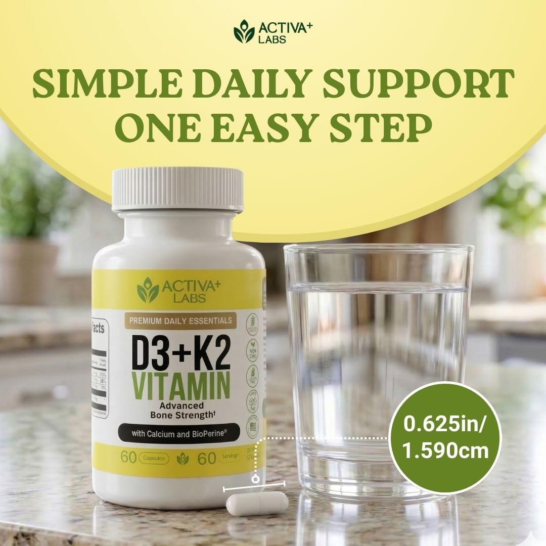 Activa Labs Vitamin D3 & K2 – Vegan, Non-GMO Bone & Teeth Support Supplement – Immune & Muscle Function – Heart Health D3 K2 Vitamins for Men & Women, Gluten & Sugar Free, 180 Capsules