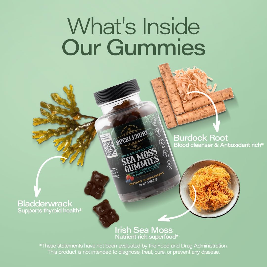 BUCKLEBURY Wild Crafted Irish Sea Moss Gummy with Bladderwrack & Burdock Root Multivitamin, Vegan 60 Count