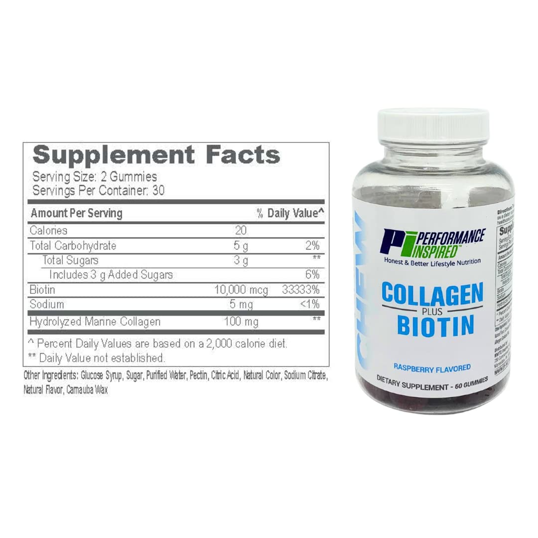 Performance Inspired Collagen + Biotin Gummies – Hydrolyzed Marine Collagen – Raspberry Flavor – 60 Count