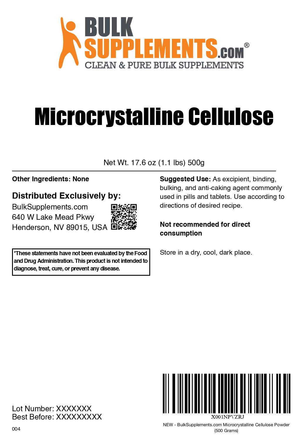 BulkSupplements Microcrystalline Cellulose Powder 17.6 oz