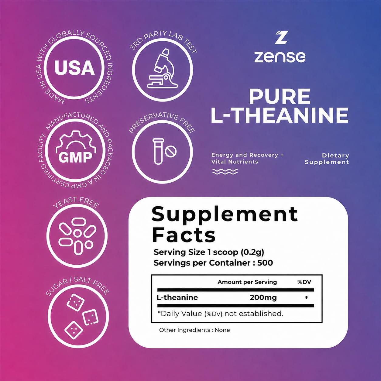 ZENSE Pure L-Theanine Powder 3.53 Ounce
