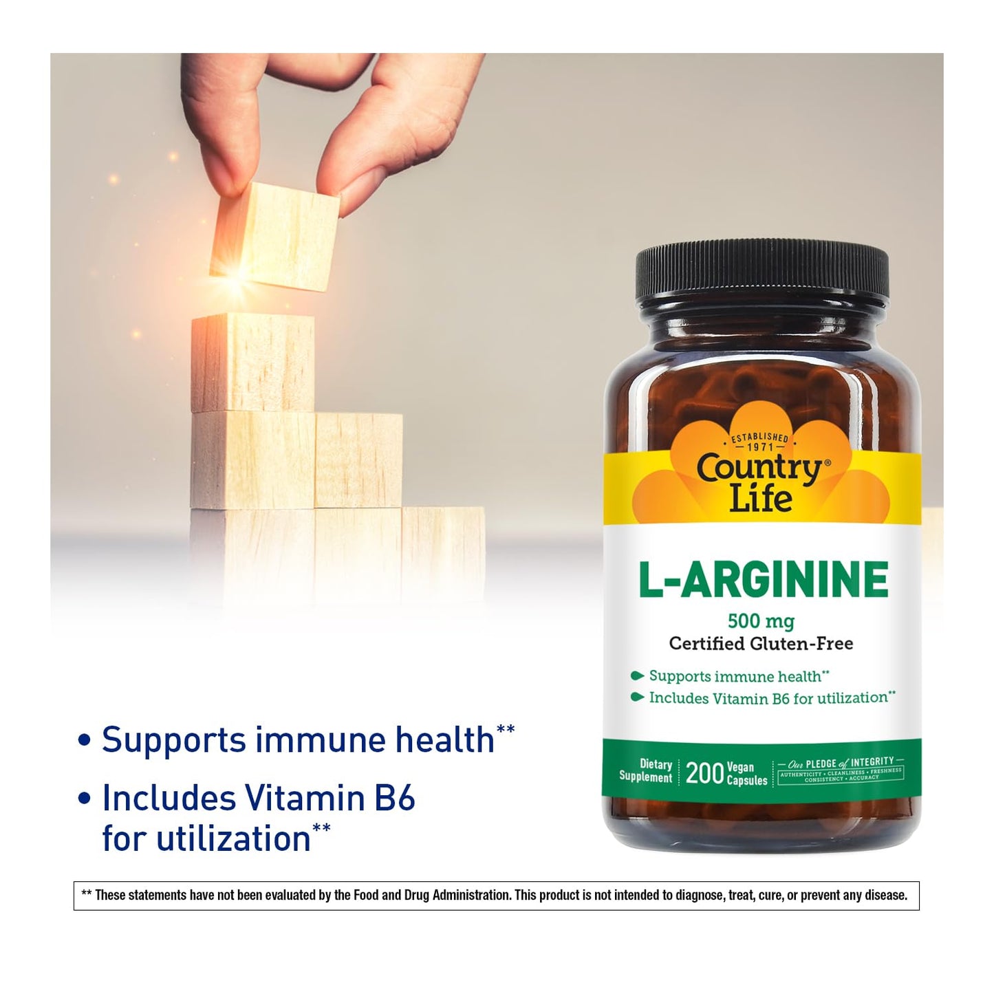 Country Life L-Arginine with Vitamin B-6 500mg Capsules, 200 Count