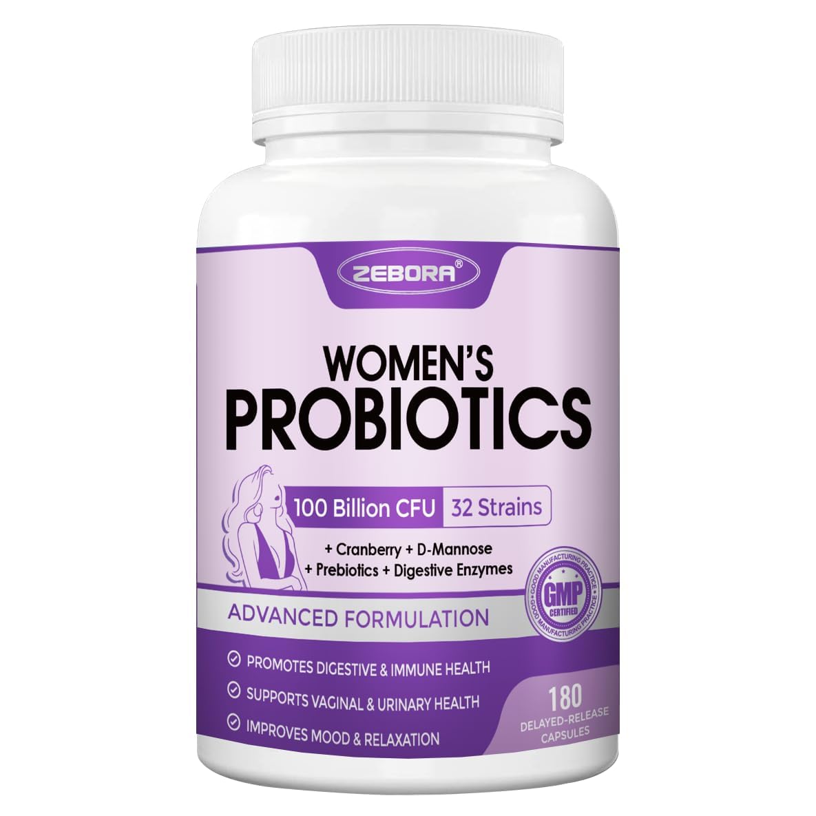 ZEBORA Probiotics for Women Digestive Health with Enzymes & Prebiotics, Vaginal Probiotics with D-Mannose & Cranberry, 100 Billion CFUs Capsules 180 Count