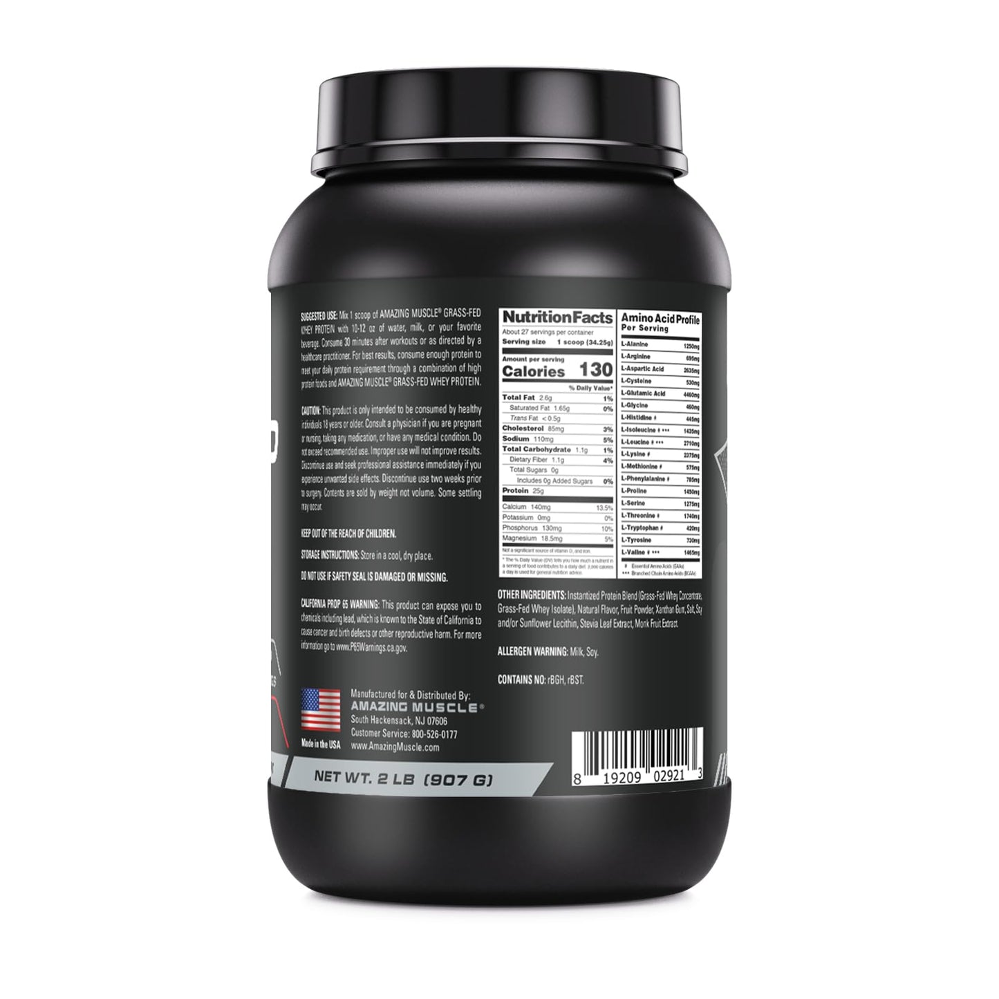 Amazing Muscle Grass-Fed Whey Protein Powder Supplement, 32 Servings, 2 Lb, Non-GMO, Glute-Free, Made in USA