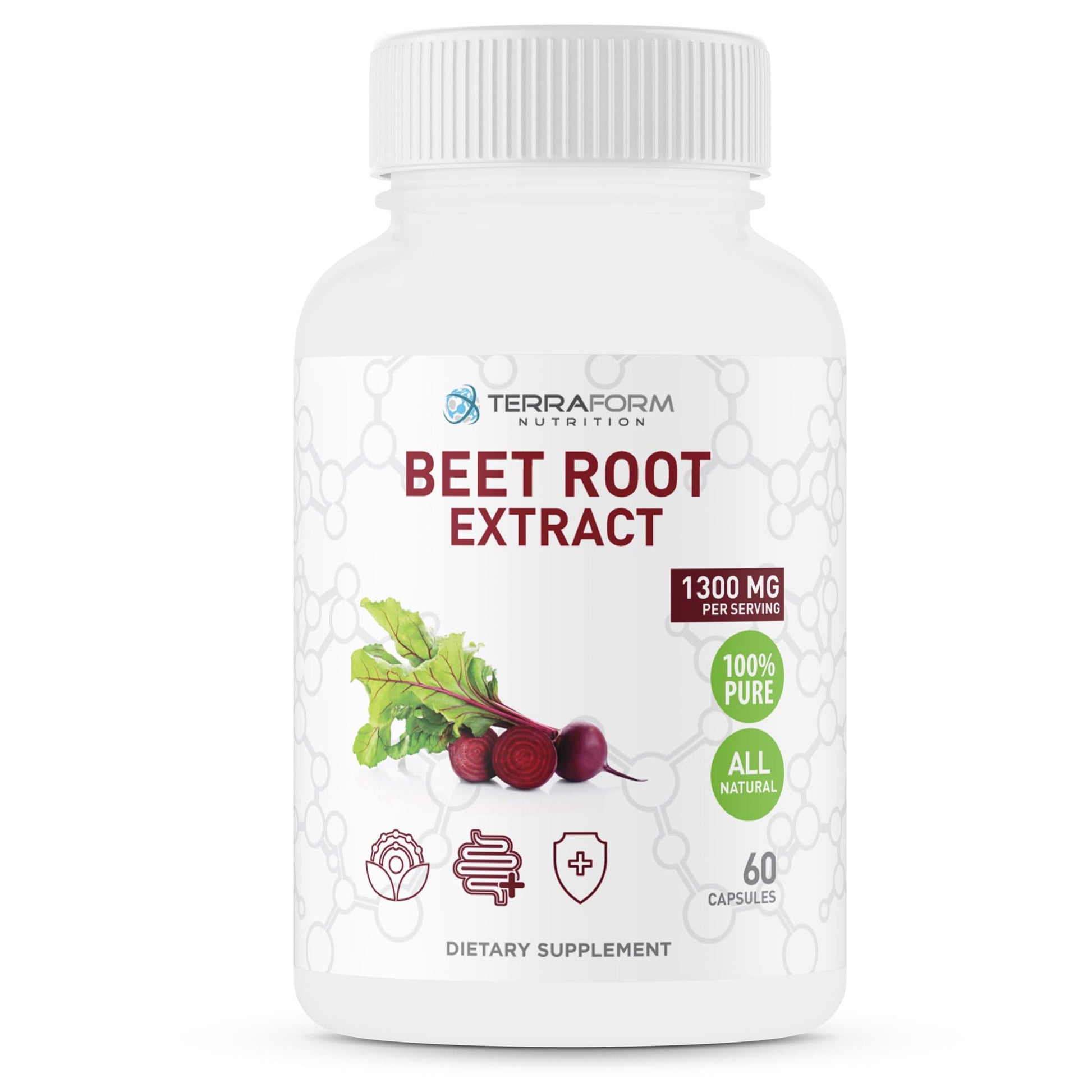TerraForm Nutrition Red Beetroot Extract 1300mg per Serving – Powdered Beetroot Supplement Capsules 60