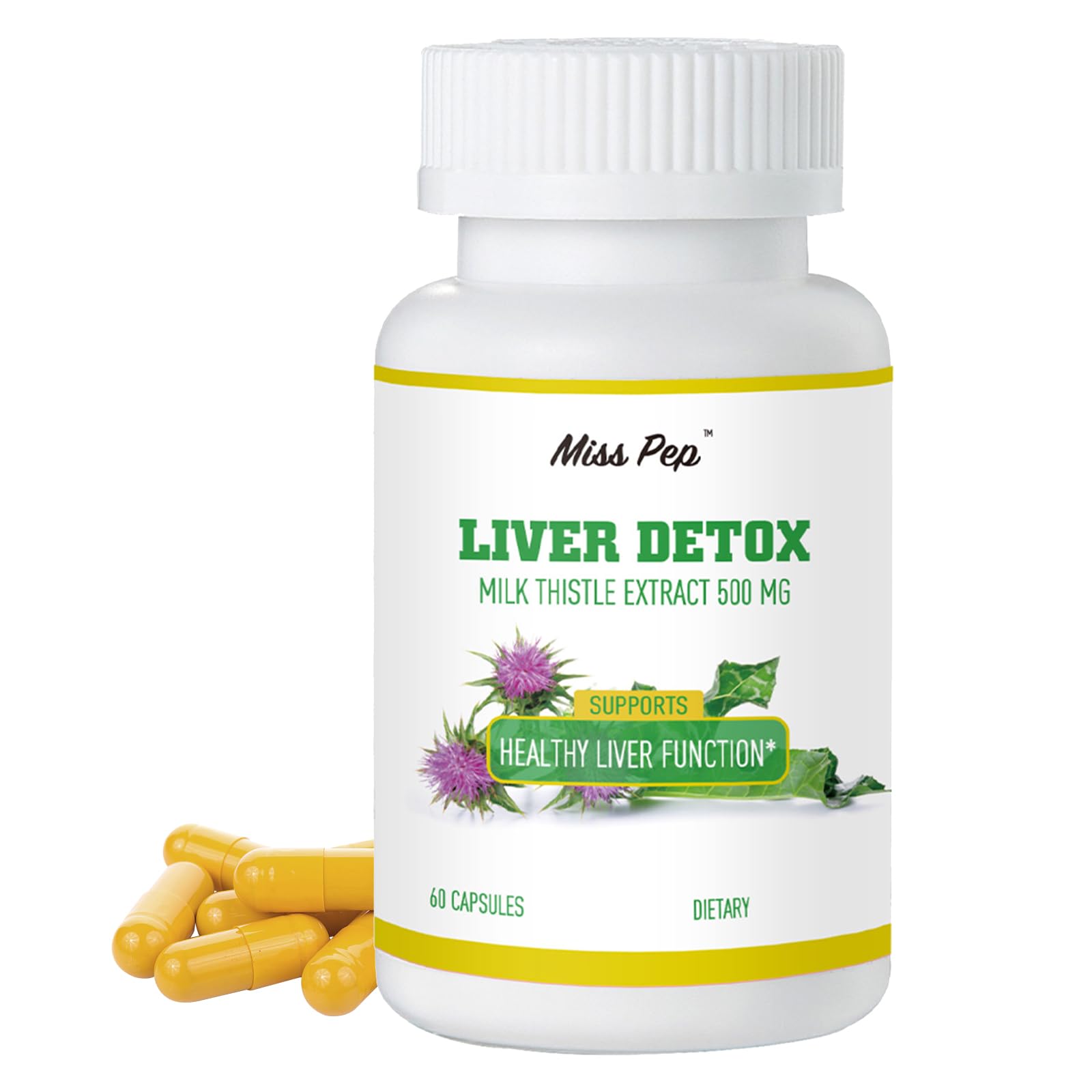 MISS PEP Milk Thistle 500 mg Per Capsule Liver Health Support, Vegan, Non-GMO, 60 Capsules