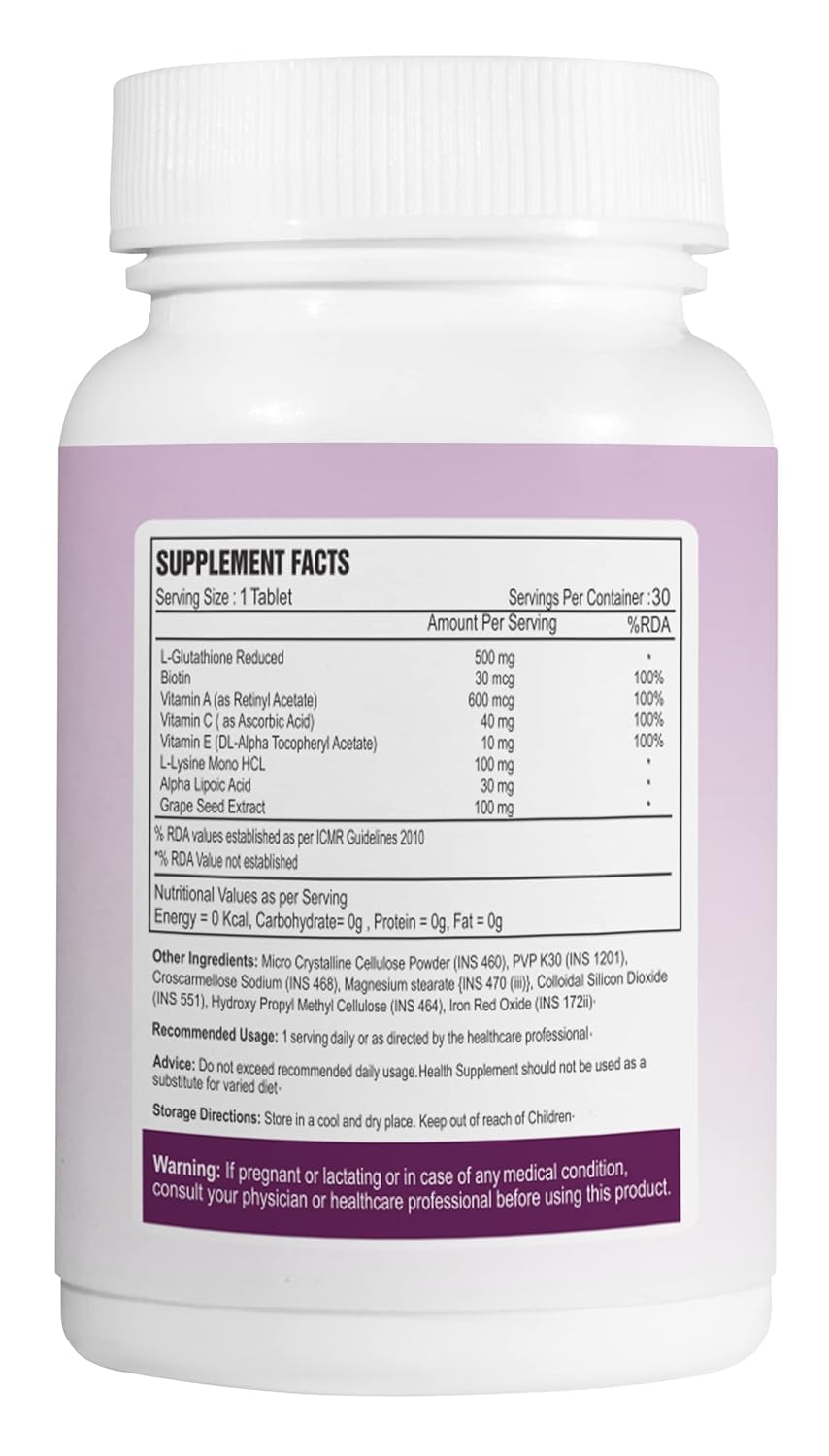 Generic L-Glutathione Tablets with Biotin, Vitamin A, C, E, Alpha Lipoic Acid & Grape Seed Extract, 30 Tablets