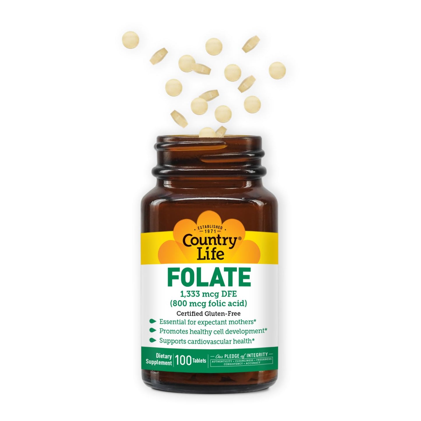 Country Life Folate 800 mcg (Folic Acid) Tablet, 100 Tablets
