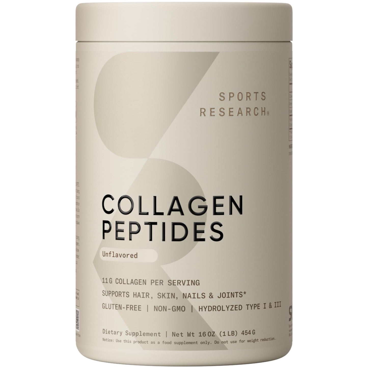 Sports Research Collagen Peptides Powder, Hydrolyzed Type I & III, 16 oz