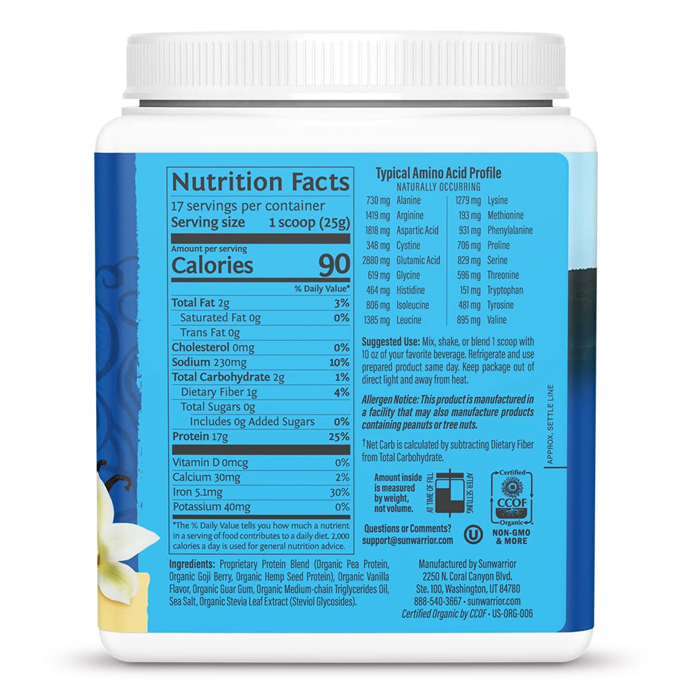 Sunwarrior Organic Plant Based Protein Powder Vanilla Flavored with BCAA Amino Acids & Hemp Seed Pea Blend, 17 Servings