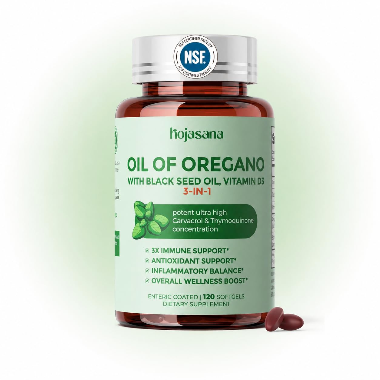 HojaSana Oil of Oregano with Black Seed Oil & Vitamin D3 Softgels 120 Count
