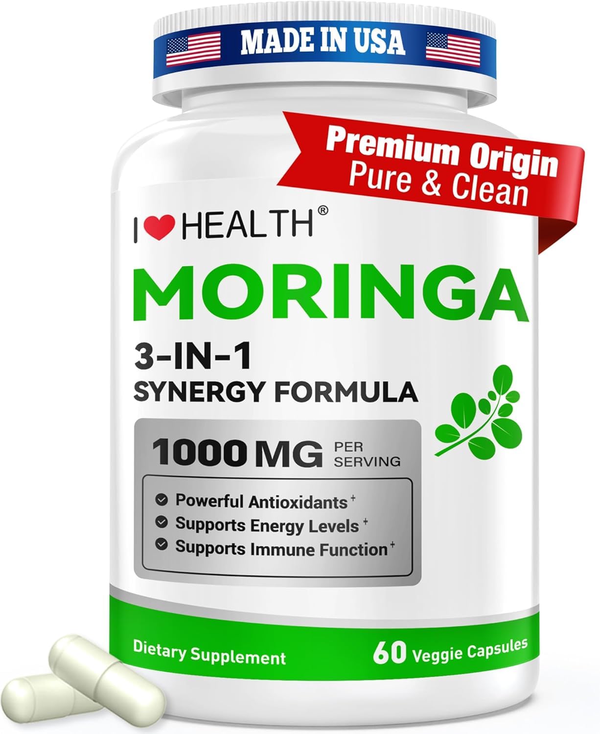 I LOVE HEALTH Moringa Capsules 1000mg – High Potency 10:1 Leaf Extract – Energy, Sleep, Immune & Gut Health Support – Vegan, Non-GMO, 60 Capsules