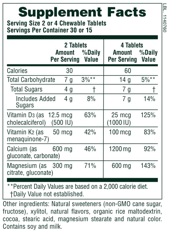 NaturesPlus Cal/Mag/VIT D3 with Vitamin K2 Chewable Tablets, 60 Count