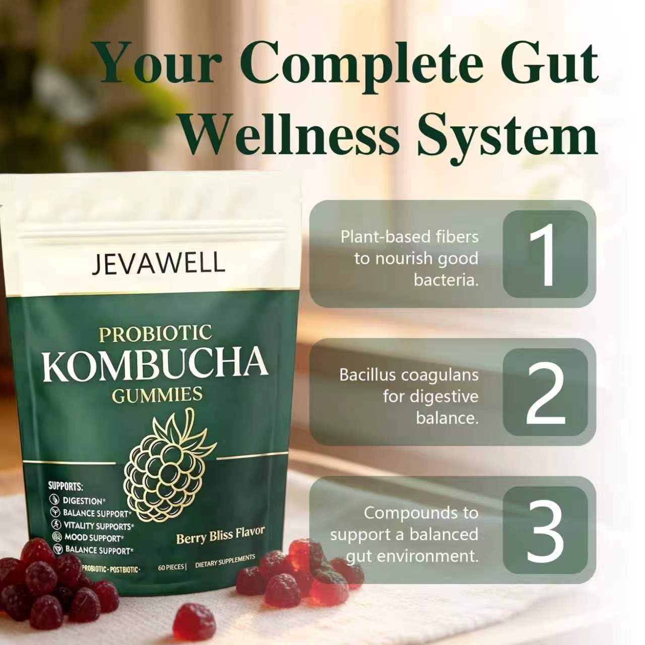 qxv Jevawell Probiotic Kombucha Gummies Berry Flavor, 60 Gummies