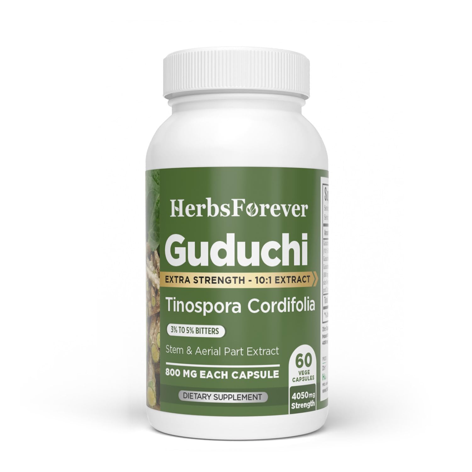 Herbsforever Guduchi (Tinospora cordifolia) Extra Strength 10:1 Extract, 800mg per Serving, 90 Capsules